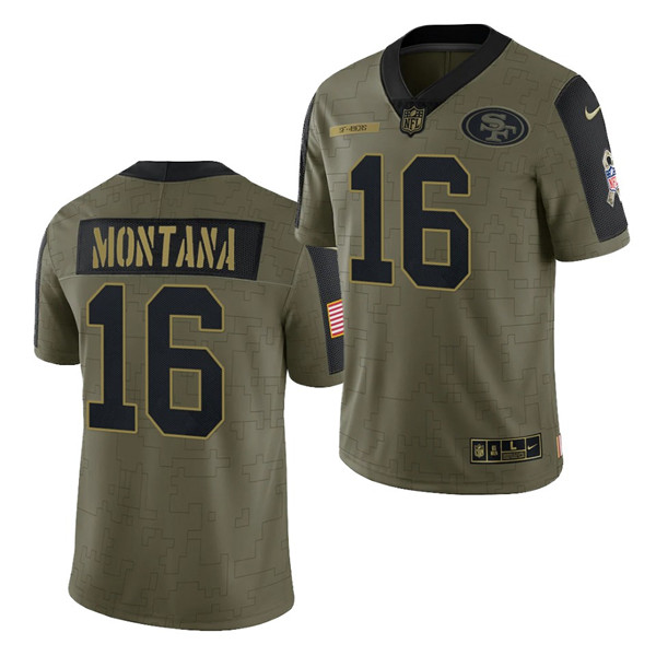 Men's San Francisco 49ers #16 Joe Montana 2021 Olive Camo Salute To Service Limited Stitched Jersey